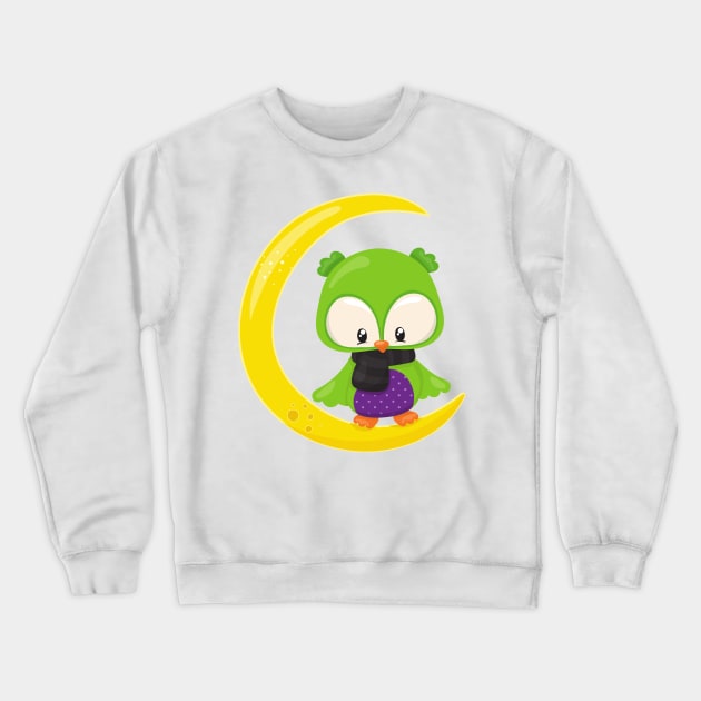 Halloween Owl, Cute Owl, Green Owl, Moon, Scarf Crewneck Sweatshirt by Jelena Dunčević